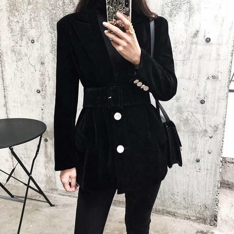 Office Autumn Ladies Velvet Suit Blazer Vintage Black Midi Jacket Single Breasted Belted Slim Fit Blazer Business Work Suit Coat