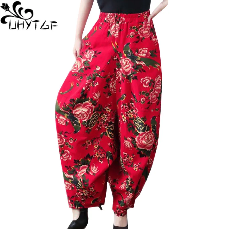 

UHYTGF Womens Fashion Pants Cotton Linen Wide-Leg Bloomers Loose Big Size Streetwear Female Elegant Mother Spring Trousers 1139