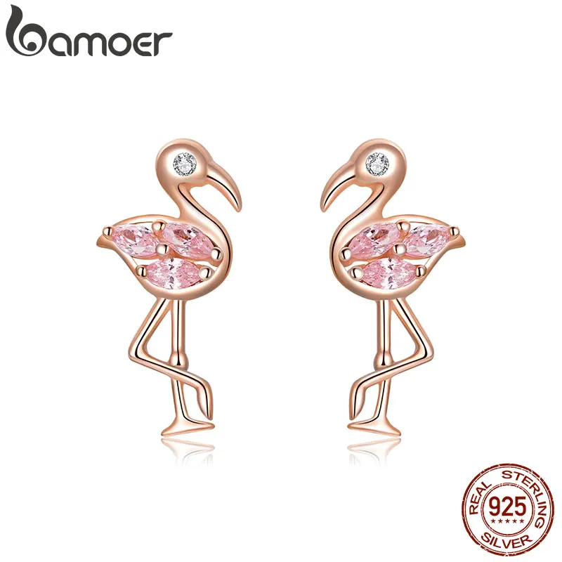 bamoer Summer Flamingos Stud Earrings for Women Pink Cubic Zirconia Ear Studs Romantic Female Silver 925 Jewelry Gifts BSE120