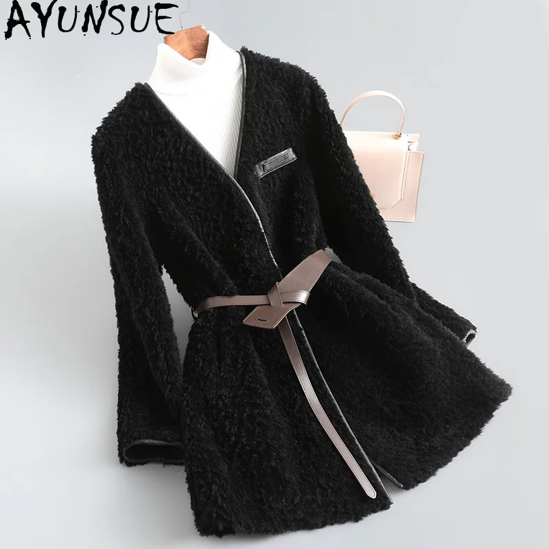 

AYUNSUE Real Fur Coat Wool 2021 Women's Clothes 100% Sheep Shearing Jacket Famale Mid-long Wool Coats Belted Ropa De Mujer 1211