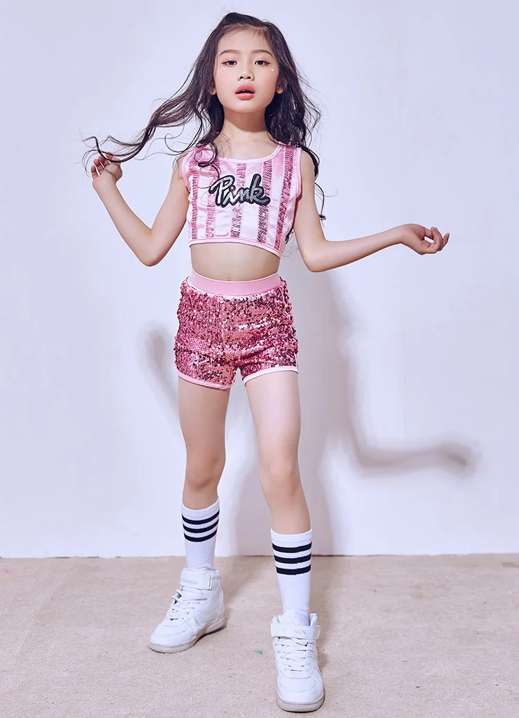 Kids Girls Hip-hop Jazz Dancewear Sequin Glitter Crop Top Shorts 2 Pieces Set Kid Top & Bottoms Dance Costume