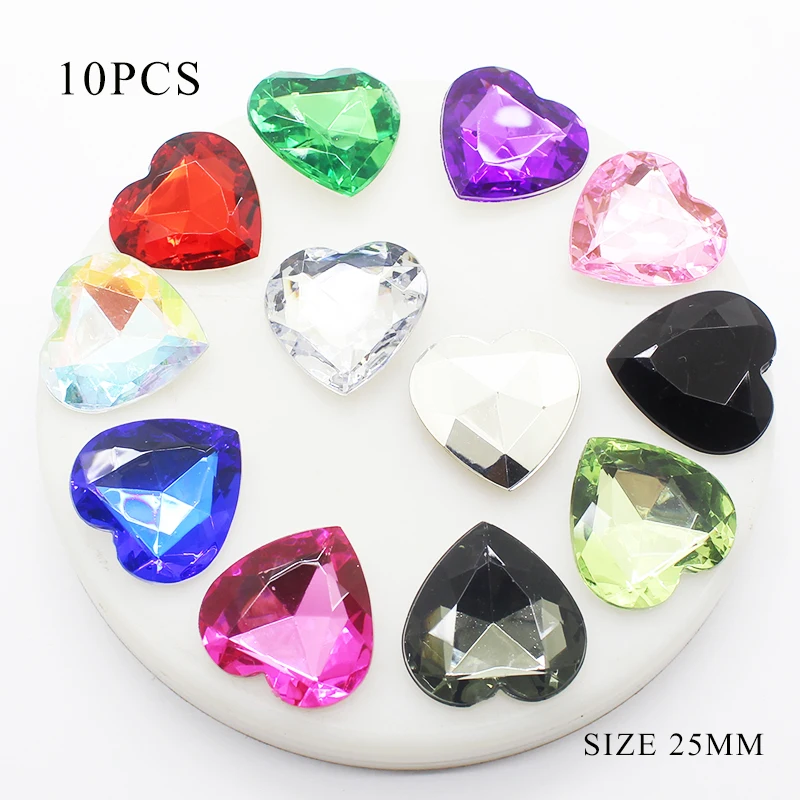 10Pcs/Lot 25MM Acrylic Heart-Shaped Diamond Warm and Romantic Decoration Mix DIY Handwork Sewing Strass Glue-On Accessories