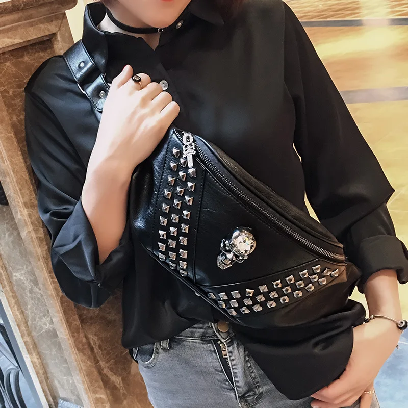 Mihaivina Punk Rivet Skull Men Waist Bag Women Black Fanny Pack Leather Chest Bags Female Shoulder Messenger Bag Bum Bags