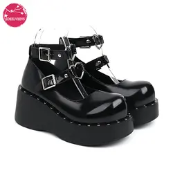 Lolita Punk Ankle Heart Strap Mary Jane Shoes Cute Japanese Lolita Harajuku Gothic Darkness Black Cosplay Ladies Pumps Pearls