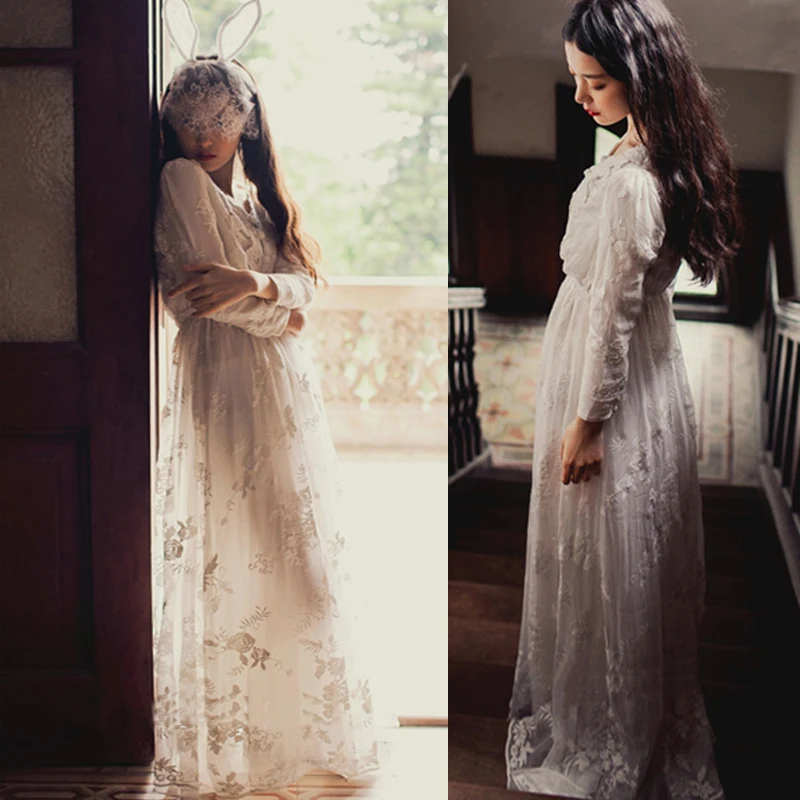 Free Shipping 2021 Fashion Cute Japanese Elegant Cutout Lace Embroidery One-piece Long  Sleeve Maxi Dresses Beach Dress White