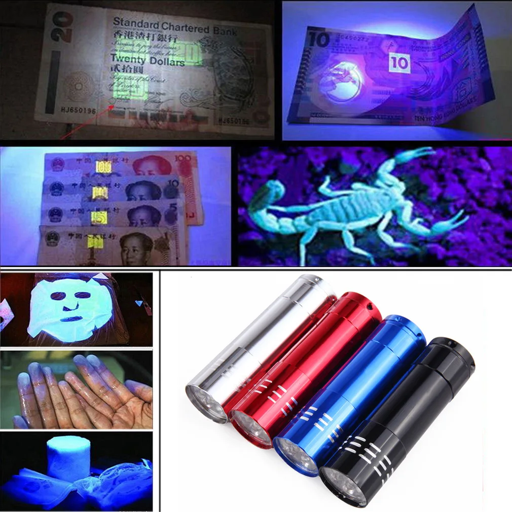 Super Mini Aluminum UV ULTRA VIOLET 9 LED FLASHLIGHT BLACKLIGHT Torch Light Lamp Household Multifunctional