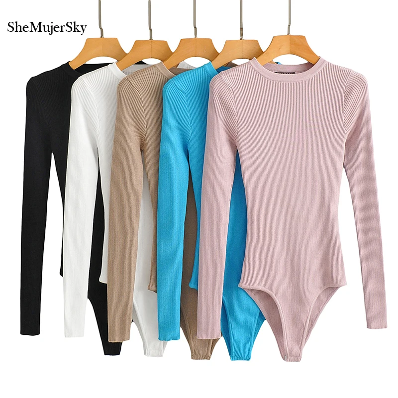 SheMujerSky Women Knitted Solid Color Bodysuit Tops Elastic Slim Long Sleeve O-Neck Jumpsuit 2021 Spring Autumn Bodysuits