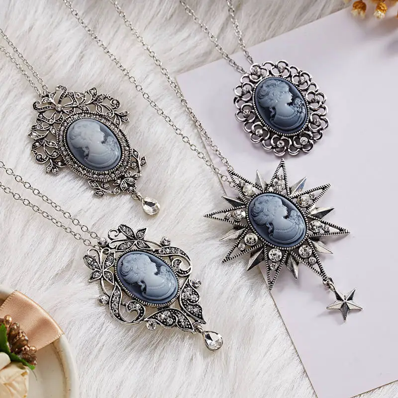 Vintage Beauty Portrait Long Sweater Chain Women Necklace Oval Resin Pendant Fashion Lady Silver Color Choker Baroque Jewelry