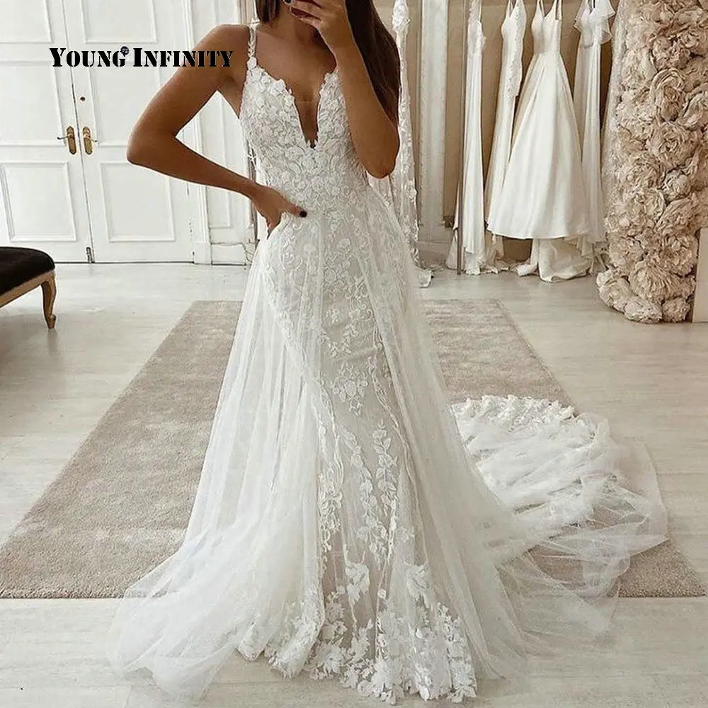 Vestido de novia con tirantes finos y escote en V, vestido de boda con espalda descubierta, falda, tren de la campana, apliques de longitud hasta el suelo, vestido de novia sirena 2021