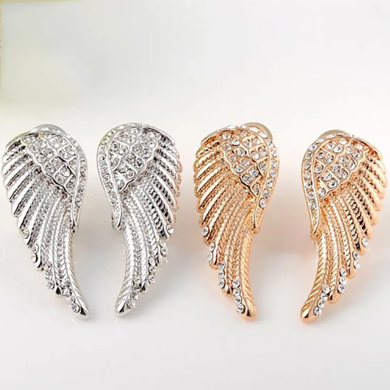 Western Style Angel\'s Feather Shape Ear Clip for Women New Fashion Metal Inlaid Rhinestone Stud Earrings Girl\'s Bright Jewelry