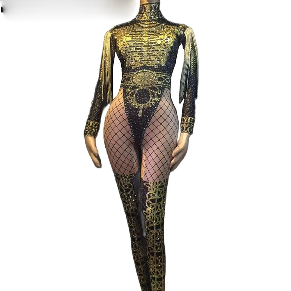 

Stage Glisten Black Gold Crystals Tassel Jumpsuit Stage Show Nightclub Costume Singer Leotard