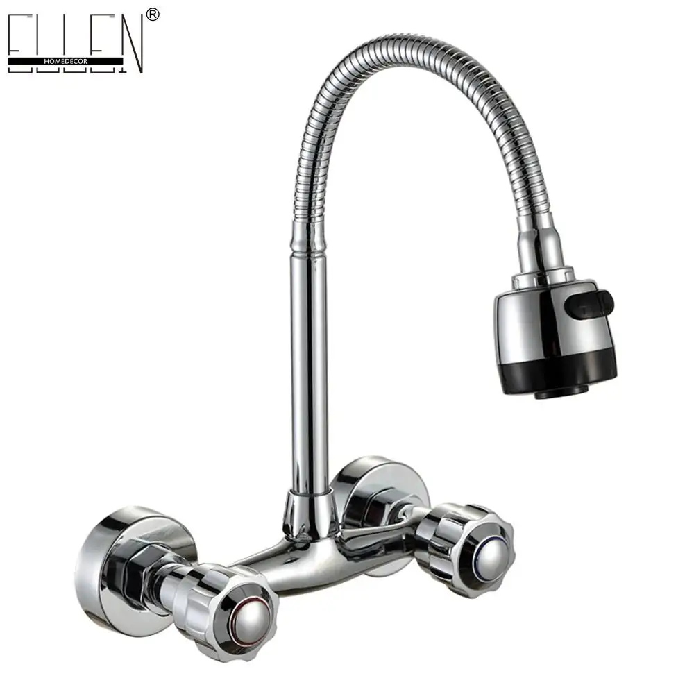 

Vidric Wall Mounted Kitchen Faucet Hot and Cold Water Mixer Crane Two Hole Kitchen Sink Faucets Copper Chrome Finished