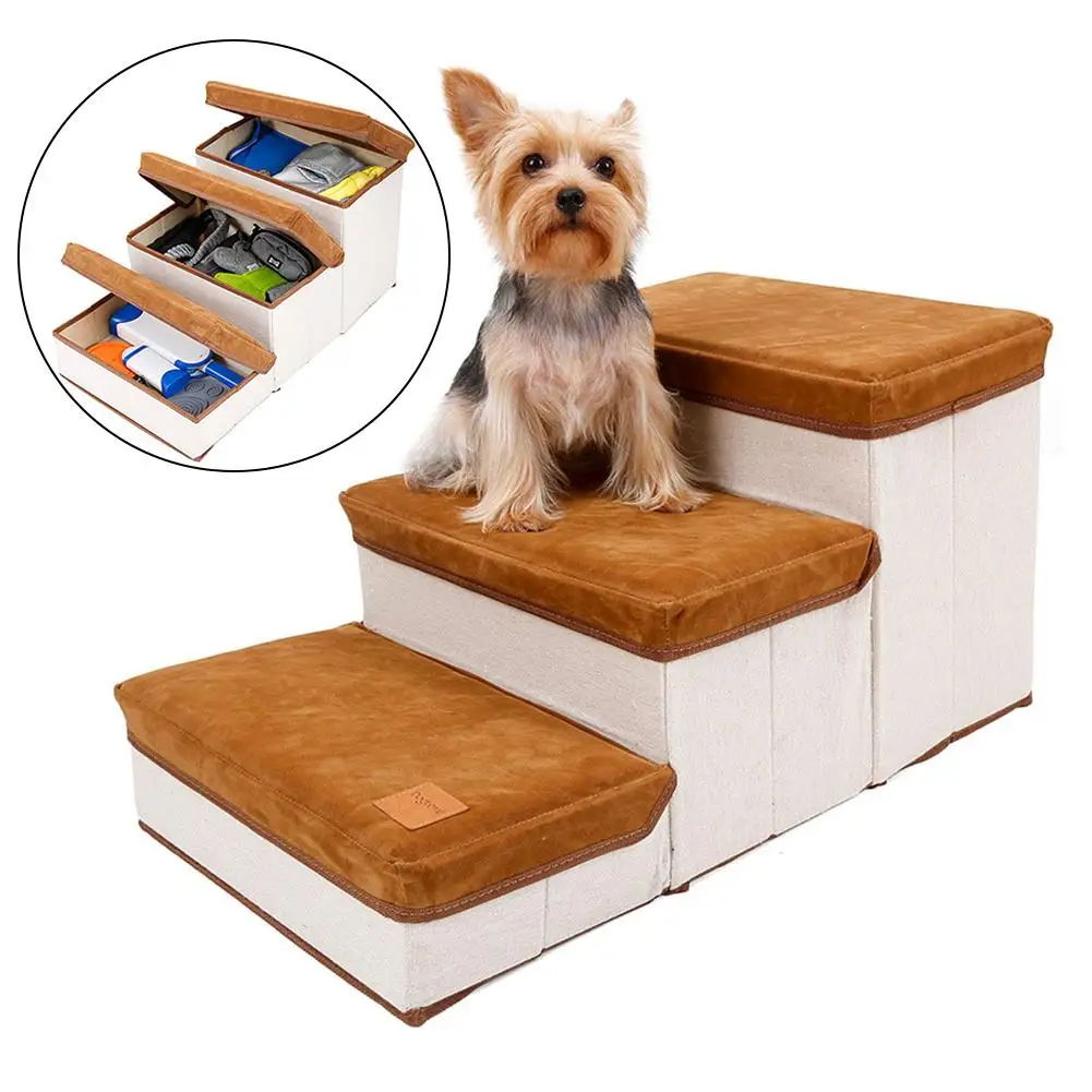 3-Step Foldable Pet Stairs Pet Steps Storage Style Pet Stair Indoor Pet Ramp For Dogs Puppies Up To 55 Pounds Dog Bed Stairs