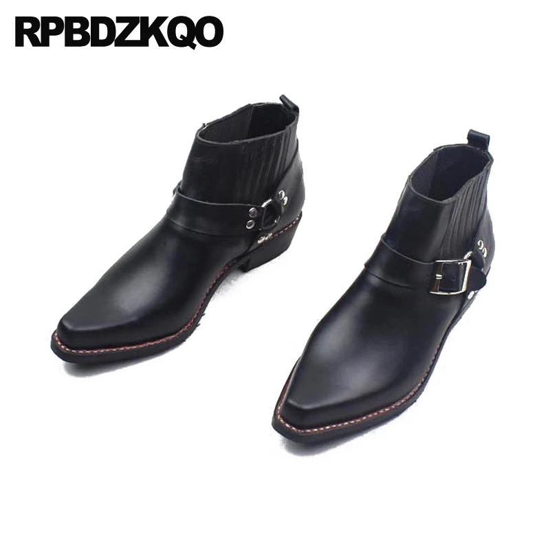 Chunky Square Toe uprząż motocykl Goodyear ściągane pełne ziarno Chelsea Slip On Plus rozmiar kostki męskie ręcznie robione buty buty męskie