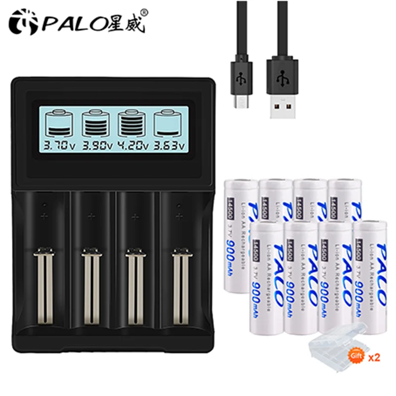 

PALO 3.7V 14500 900mAh Rechargeable Battery AA Lithium Cell +LCD Smart Charger For 3.7V 14500 16340 18650 Rechargeable Batteries