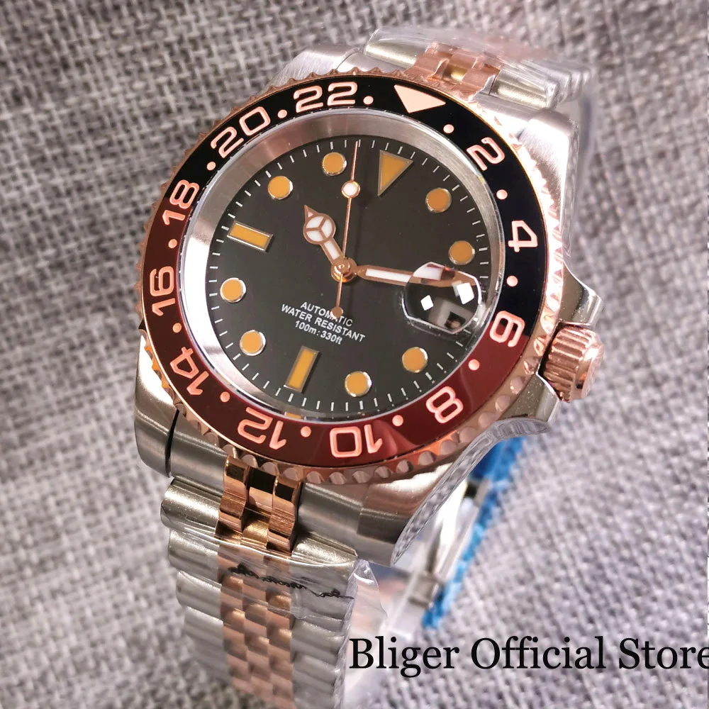 BLIGER Fashion 100M Waterproof NH35A PT5000 Two Tone Rose Gold Automatic Men Watch Jubilee Bracelet Root Beer Ceramic Insert