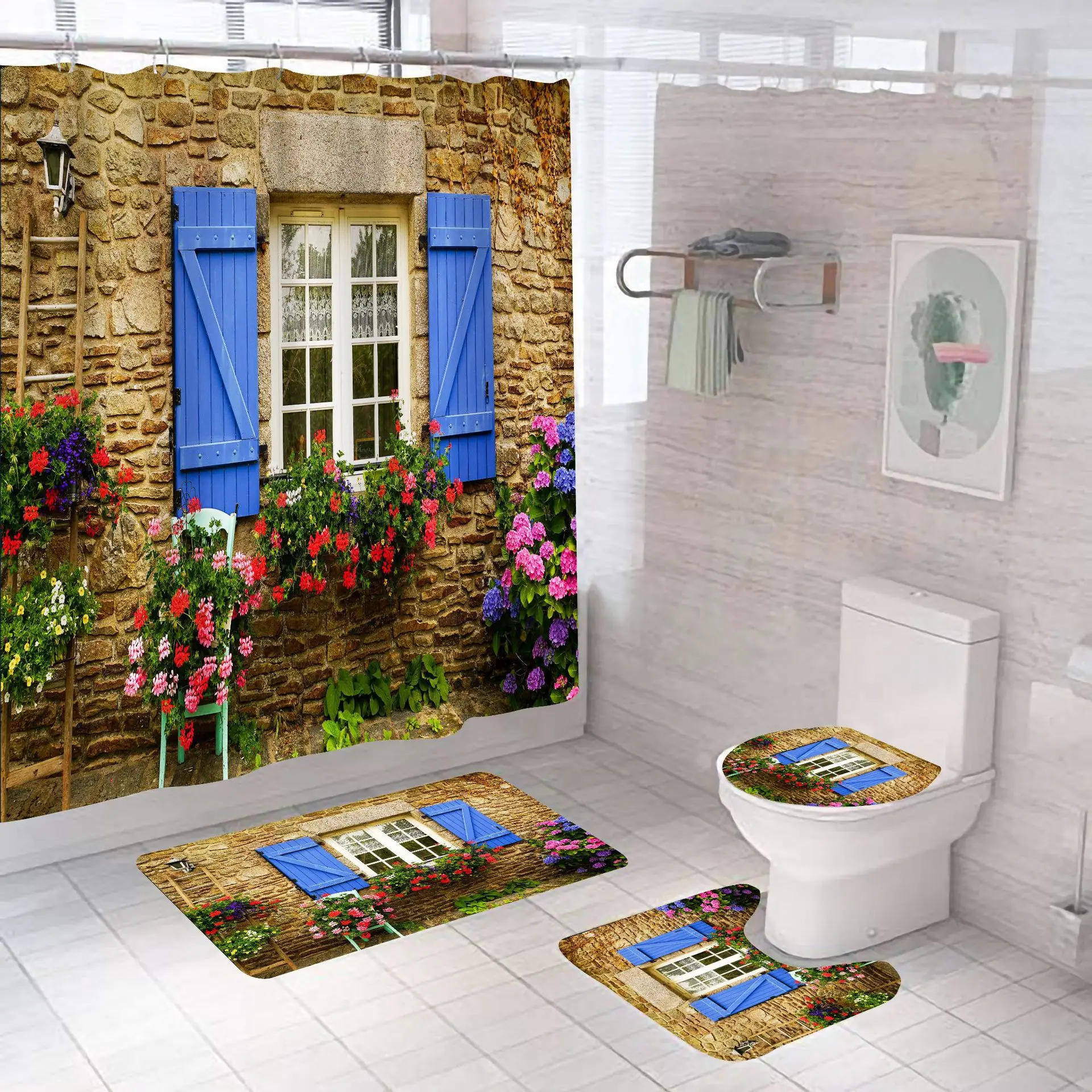 

Цветы Пейзаж Водонепроницаемая занавеска для душа Сельская улица Цветы Шторы для ванной комнаты Полиэстеровый декор Моющиеся занавески для ванной Набор ковриков