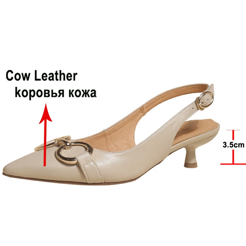 Meotina Genuine Leather Women Slingbacks Shoes Buckle Chain Thin Heels Pumps Pointed Toe Med Heel Ladies Footwear Spring Beige