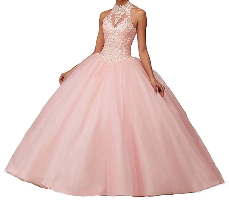 Roze Prinses Baljurk Bruidsjurken Meisjes Zoete 16 Quinceanera Jurken Halter Kant Applicaties Prom Dress Vestido De Fiesta