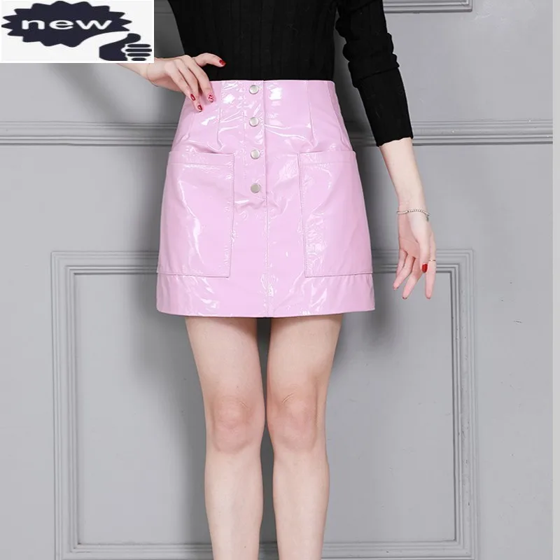 

Street Korean Women Genuine Slim Fit A-Line Skirts High Waist Sheepskin Metel Button Bright Patent Leather Skirt