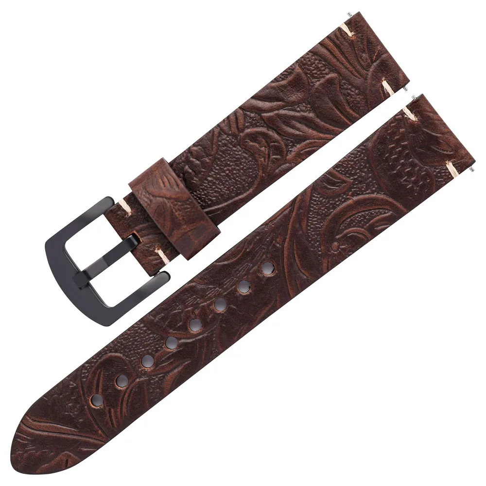 Embossing Leather Watch Straps 20mm 22mm Retro Watchbands Blue Brown Cowhide Wrist Bracelet For Smart Watch