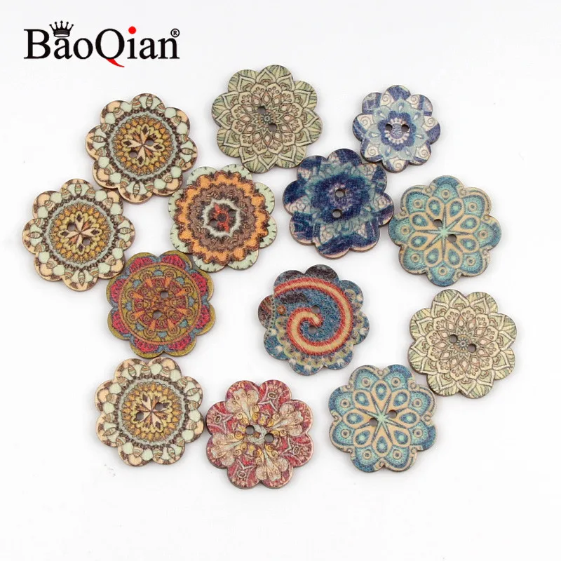 50Pcs 20/25mm Retro Series Flower Wooden Buttons For Clothing DIY Sewing Scrapbooking Decor Craft Needlework Accessories