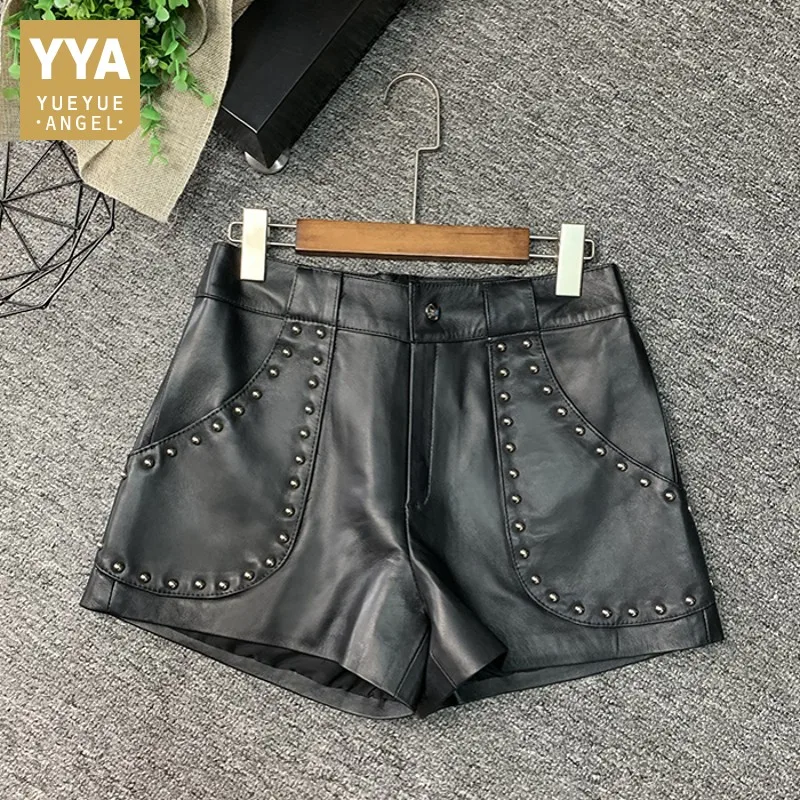 Street Women Rivets Real Leather Sheepskin A-Line Shorts Casual Wide Leg Shorts Designer Office Lady Black Hot Trousers M-3XL