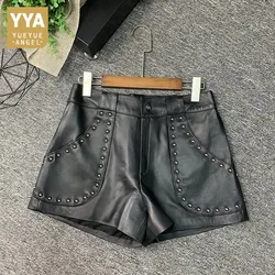 Street Women Rivets Real Leather Sheepskin A-Line Shorts Casual Wide Leg Shorts Designer Office Lady Black Hot Trousers M-3XL