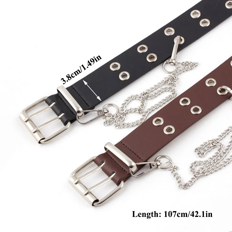 Women Punk Chain Leather Belt Adjustable Double/Single Row Hole Pin Buckle Waist Belts Jeans Cinturones Decorative Belt