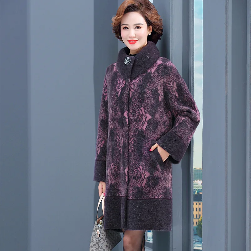 Mom loose long jacket size 4XL mink velvet overcoat woman 2022 winter jacket female fashion thick warm print parkers coat women