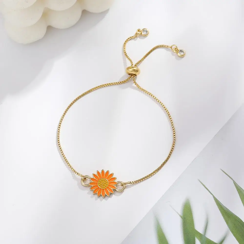 Daisy Charm Chain Bracelet  Handmade Hot Sell Sunflower Charm 18K Gold Plated Stainless Steel Chain Link Bracelets Jewelry