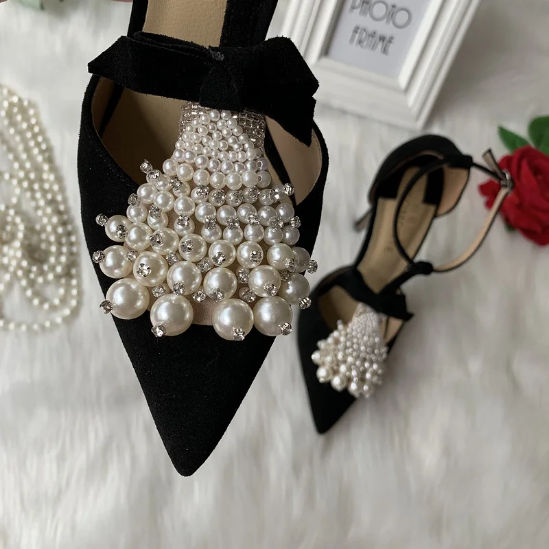 2024 new hot sale black suede pointed toe pearl T strap open in the middle women lady elegant 12cm high heel shoes pump