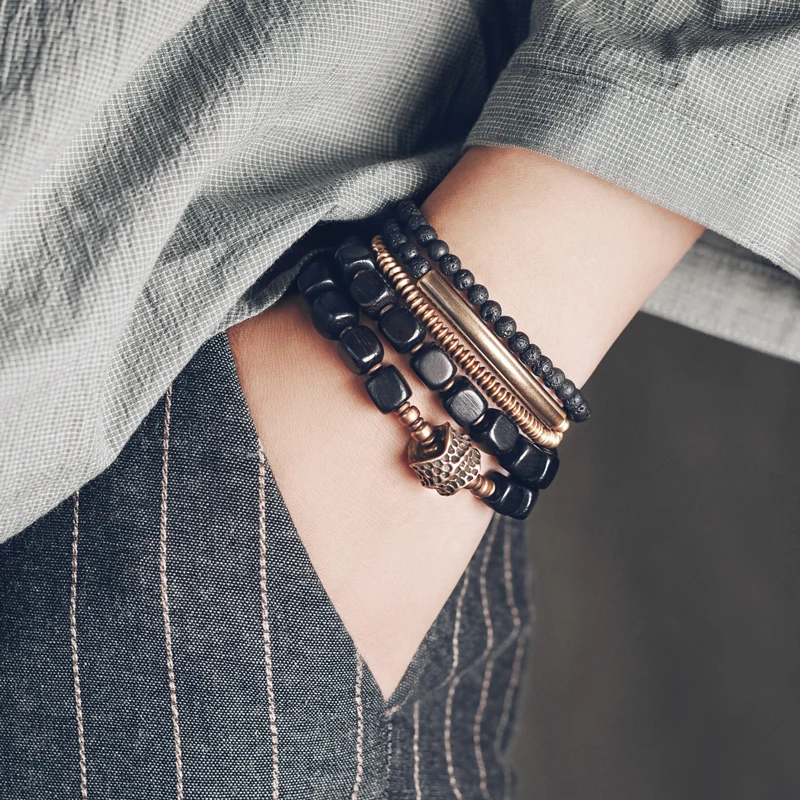 Set Ebony Brass Two Tone Rustic Hand Forged Bracelet Oxidized Hammered Charm Jewelry Individual Wrist Accessory Unisex