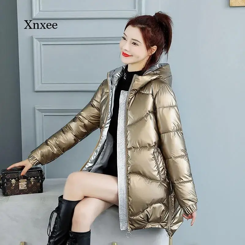 Glossy Jacket New Winter Parkas Women Glossy Down Cotton Jacket Padded Hooded Parka Warm Female Jacket Casual Outwear Overcoat