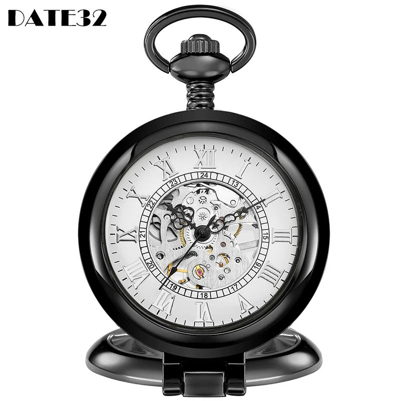 Classic Mechanical Pocket Watch Skeleton Roman Numerals Dial Stand On Table Black White Fob Chain Clock for Men Dropshipping