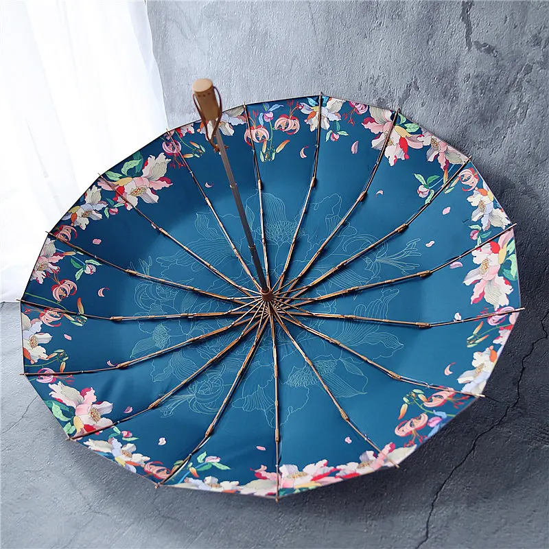 Fashion 16Ribs Rain Umbrellas for Women Windproof Wooden Handle Three Folding Anti-UV Sun Umbrellas Parasol Guarda Chuva