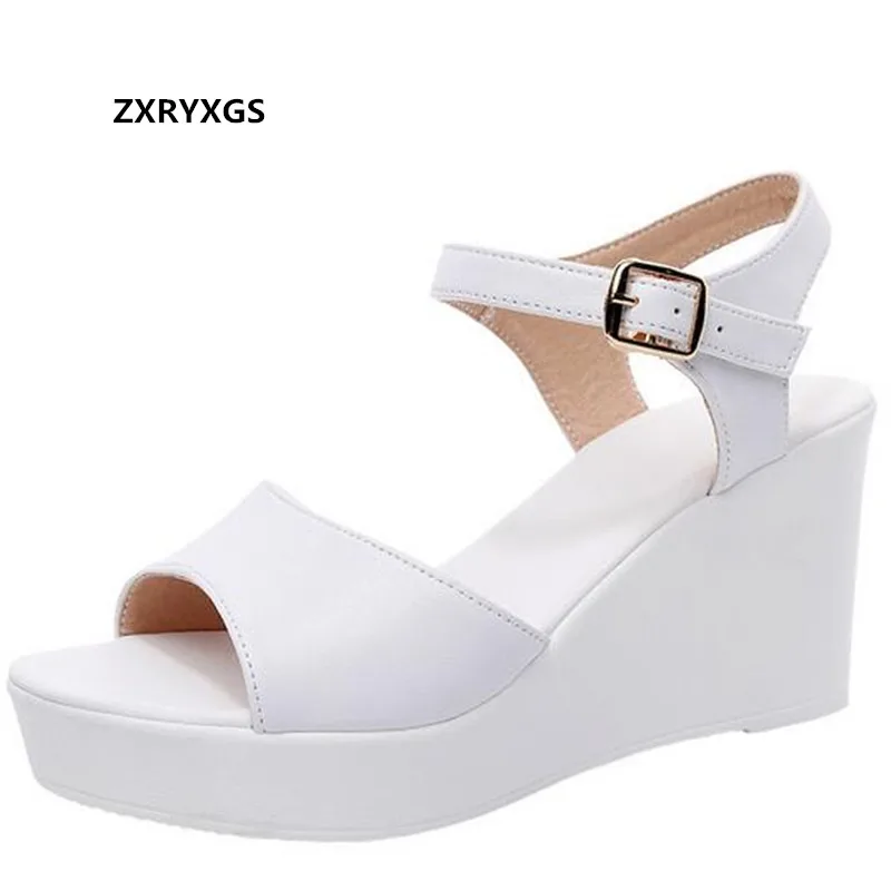 2024 New Black White Fish Mouth Genuine Leather Sandals Wedges Platform High Heeled Sandals 6 / 8 / 11 Cm Big Size Women Sandals