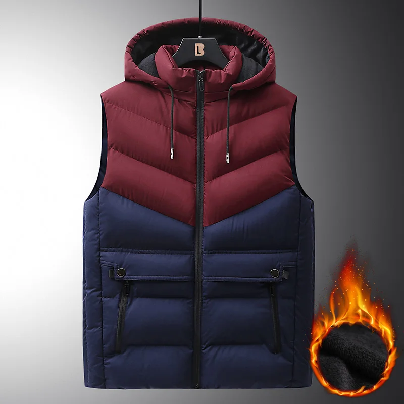 L-6XL Men Winter Vest Coats Fleece Lining Warm Thick Waistcoat Patchwork Design Hat Detachable Man Cotton Sleeveless Jacket