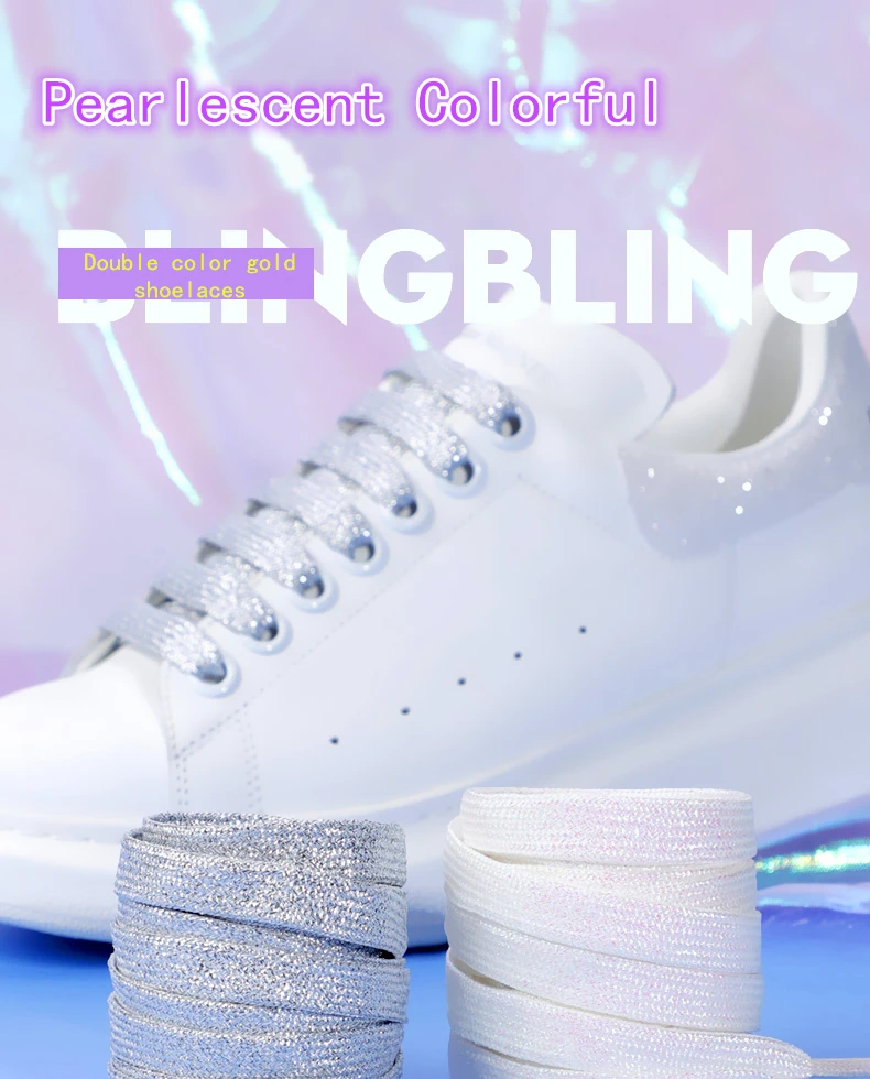 Bunte funkelnde flache Schnürsenkel für sportliche Laufschuhe, Turnschuhe, Schuhe, Stiefelschnüre, glitzernde Schnürsenkel, 1 cm Breite, 1 Paar – Detail 1
