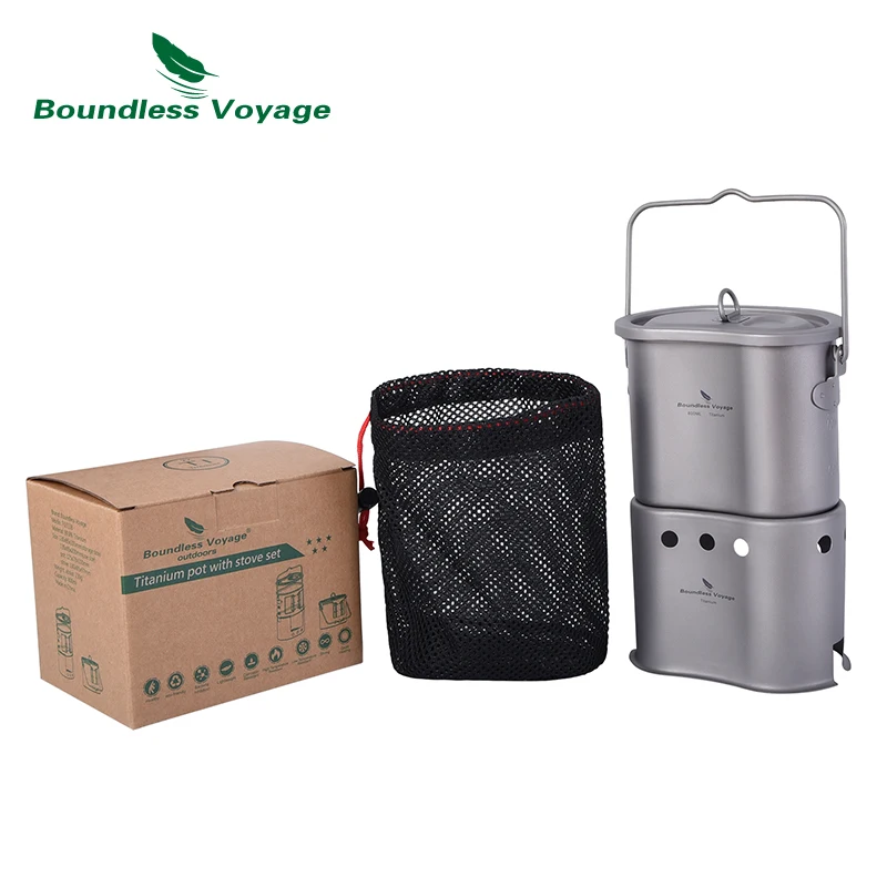 Boundless Voyage Outdoor Titanium Foldable Mini Size Wood Burning Stove with Camping Pot 2 in 1 Canteen Cup Ti2005C