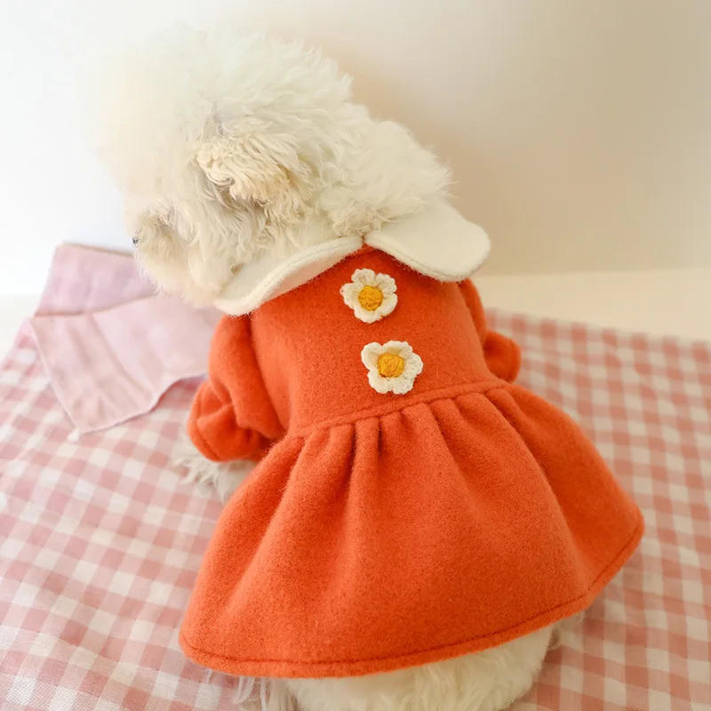 Winter Pet Dog Clothes Warm Dress Princess Puppy Doll Collar Flower Woolen Skirt Cold Tutu Coat Dress For Small Dogs Pet Apparel