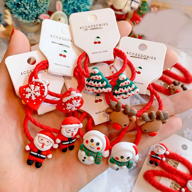 2pcs New Cute Cartoon Christmas Elk Elastic Hair Bands Kids Rubber Band Hair Rope Girls Hairpin Ponytail Holder Hair Accessories