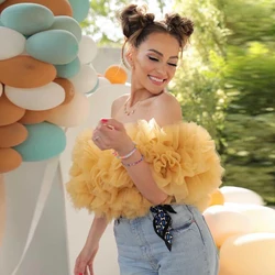 Luksusowy styl bez ramiączek Puffy potargane krótkie Party Tulle topy dość żółte dziewczyny Ruffles plisowane tiul Top kobiety wykonane na zamówienie