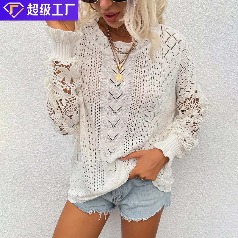 

Women's Autumn and Winter Lace Splicing Knitwear New Hollow out Sweater Women