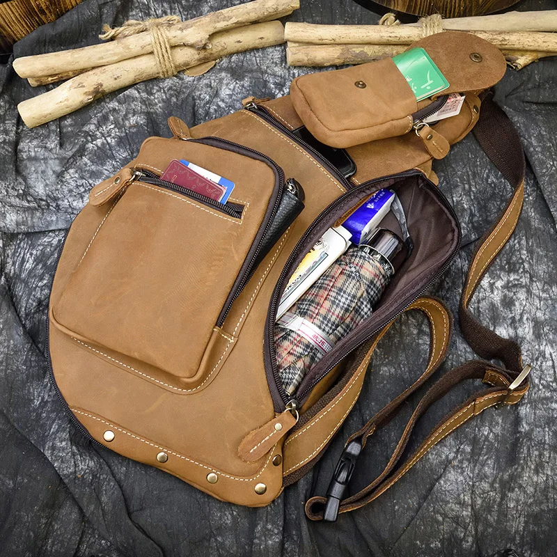 Vintage Genuine Leather Men Chest Bag Brown iPAD mini Shoulder bag Casual Cowhide Crossbody Bags Small Riding Travel Sling Pack