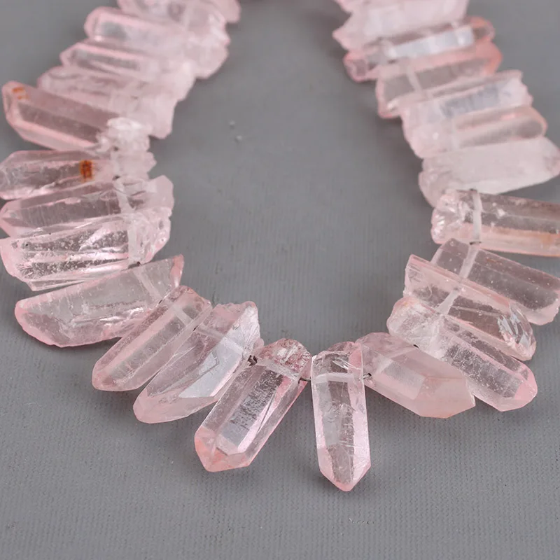 Natural Stone Rose Pink Crystal Quartz Pillar Top Drilled Point Beads 15\