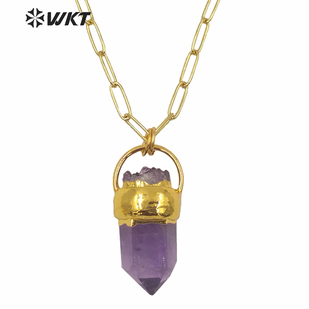 WT-N1254 Gorgeous Unique Big Hexagon Cube Point Amethysts Necklace Gold Plated Druzy Novel Shape Tiny Charms Adjustable ACC