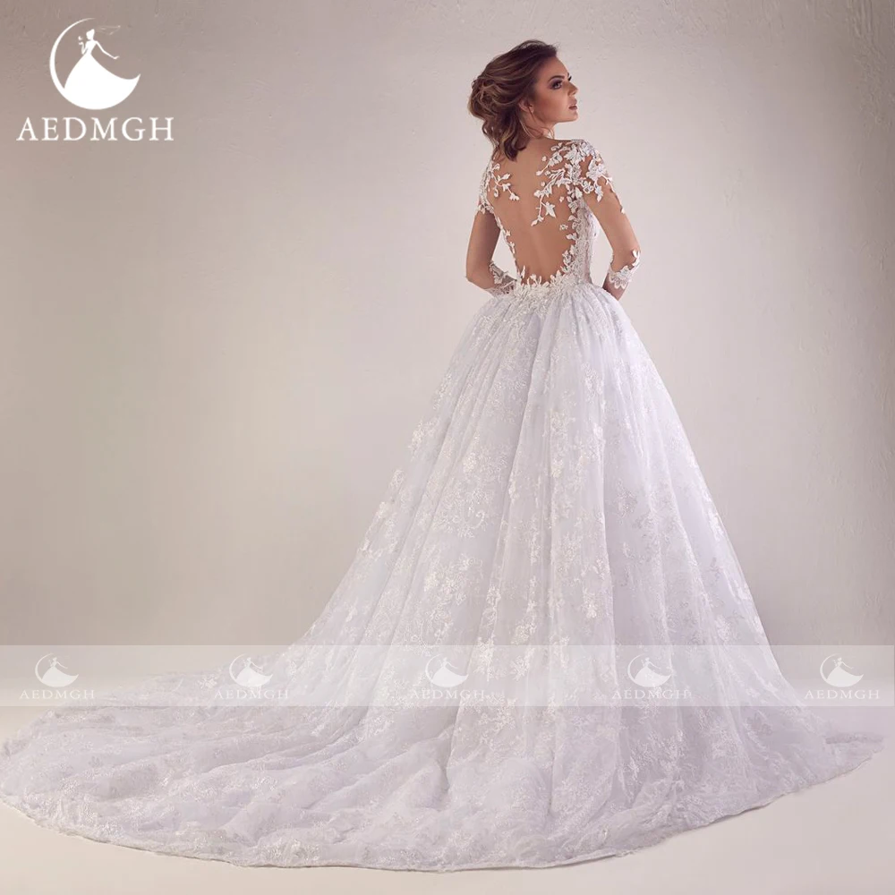 Aedmgh Ball Gown Gorgeous Wedding Dresses V-Neck Three Quarter Sleeve Robe De Mariee Lace Appliques Custom Made Bridal Gown