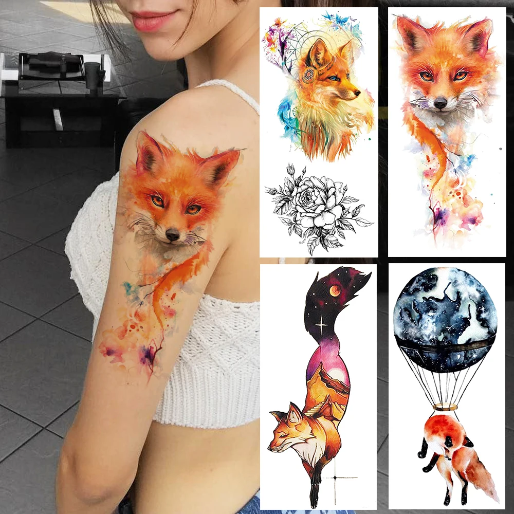 

Fox Watercolour Temporary Tattoos For Children Men Women Planet Space Tattoo Disposable Flower Fake Dreamcatcher Tatoo Kids