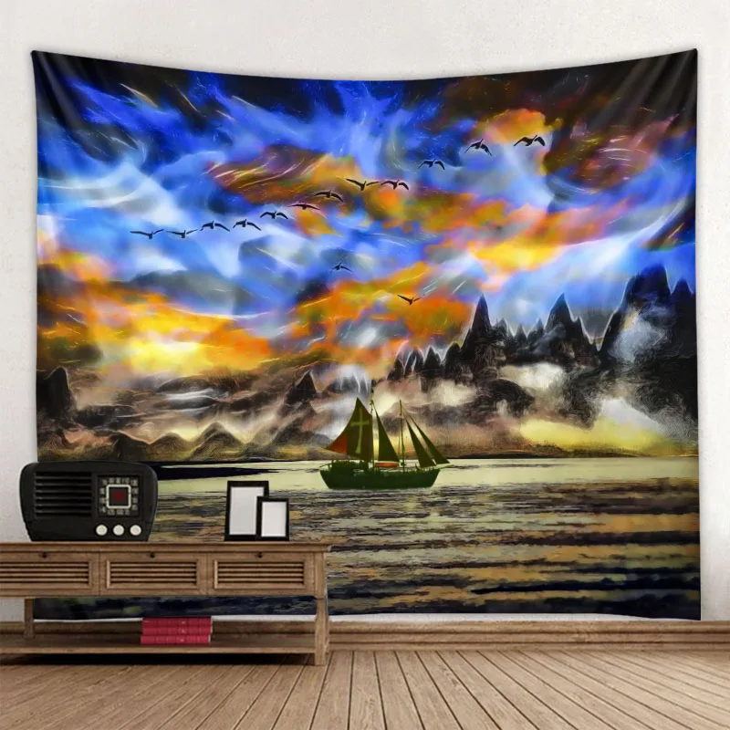 Ocean Landscape Tapestry Psychedelic Colorful Starry Sky Boat Shark Tapestry Hippie Witchcraft Home Decor Yoga Beach Mat